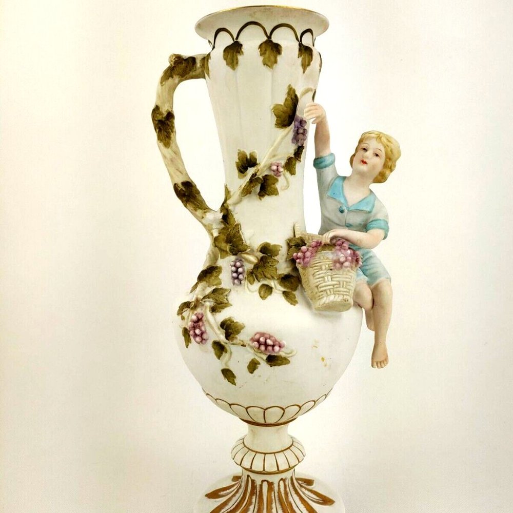 Andrea Sadek Vintage Majolica Vase Girl Picking Grapes Harvest, 14 1/2”